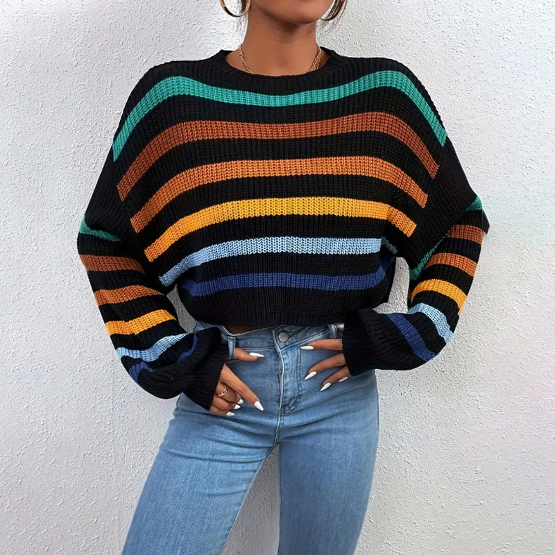 Autumn Winter Women Sweater Pullover round Neck Classic Striped Sweater Loose Casual Top Women