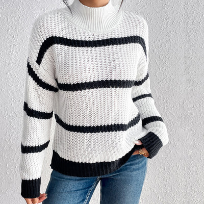 Autumn Winter Simple Solid Color Half Collar Striped Pullover Knitted Sweater