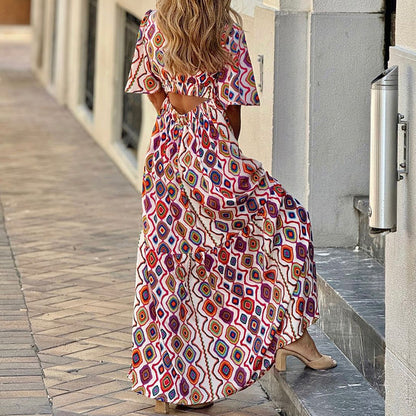 Autumn Women Clothing Printed V neck Bohemian Mid Length Dress