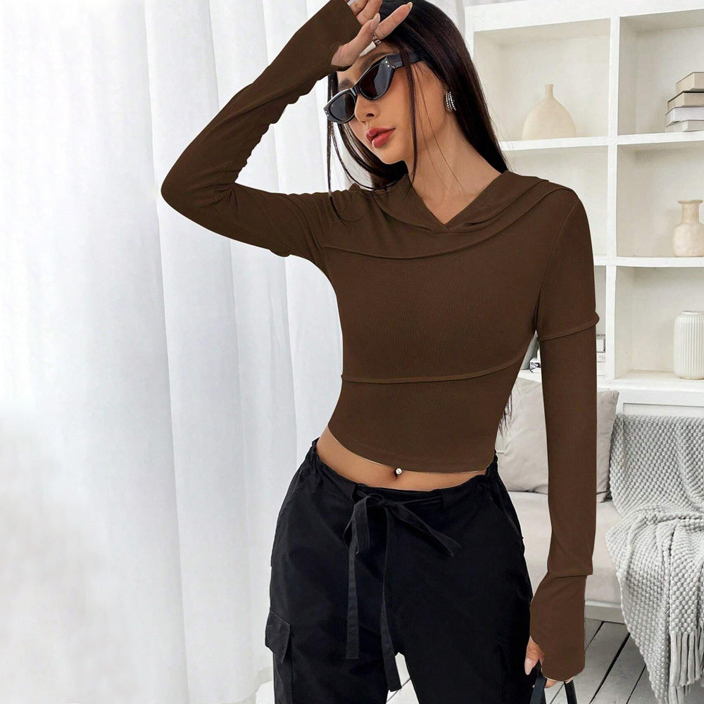 Street V Neck Sweatshirt Fall Winter Slim Bottoming Hooded Top Women