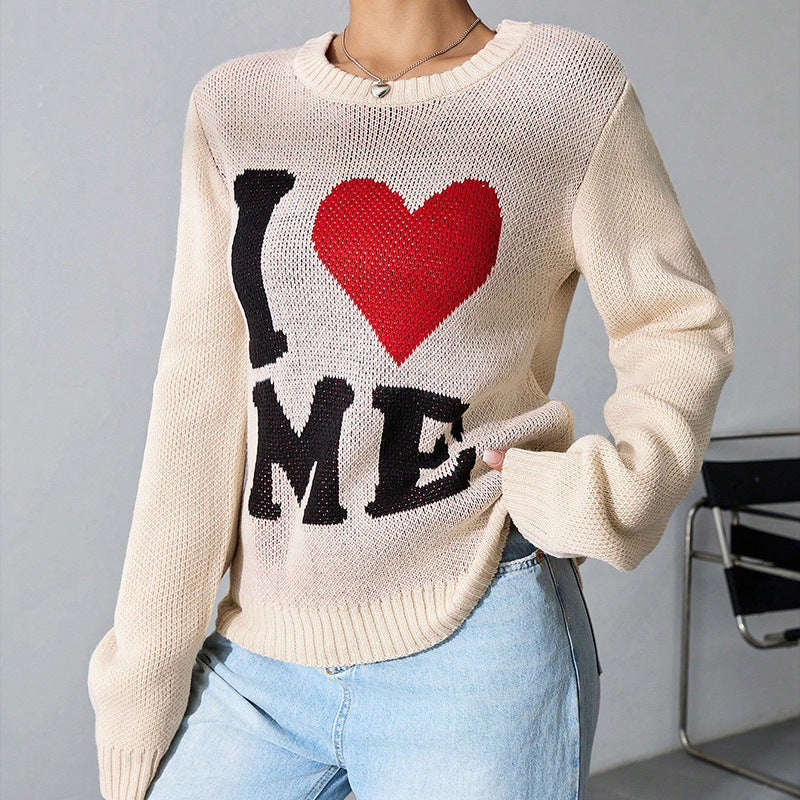 Casual Love Sweater Loose Lazy round Neck Jacquard Knitted Top Pullover Long Sleeve Sweater