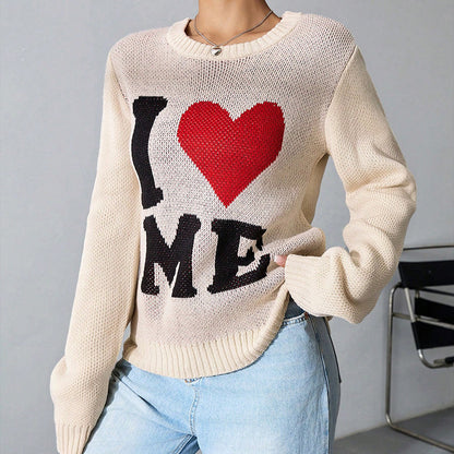 Casual Love Sweater Loose Lazy round Neck Jacquard Knitted Top Pullover Long Sleeve Sweater