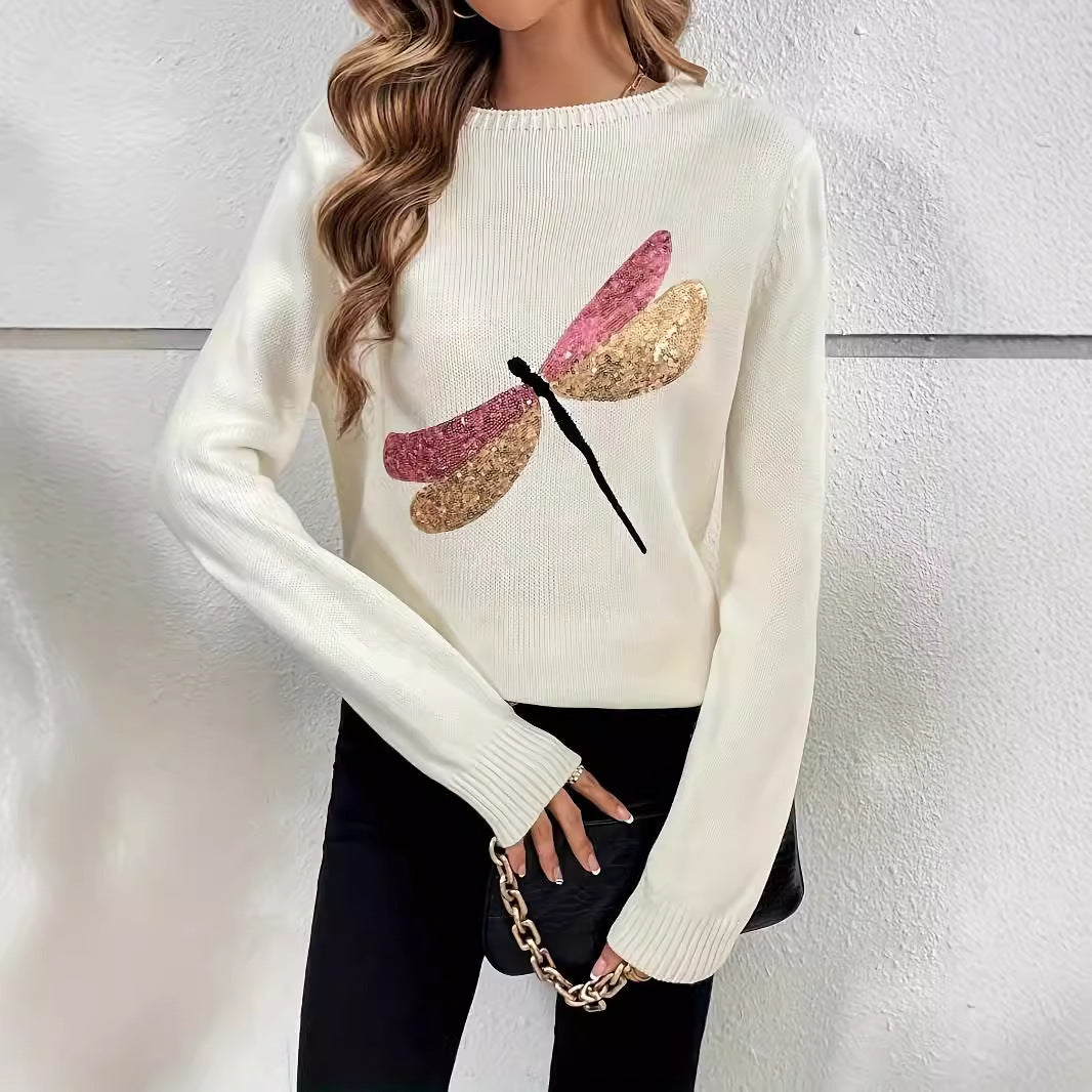 Autumn Winter Wear Cute Dragonfly Pattern round Neck Pullover