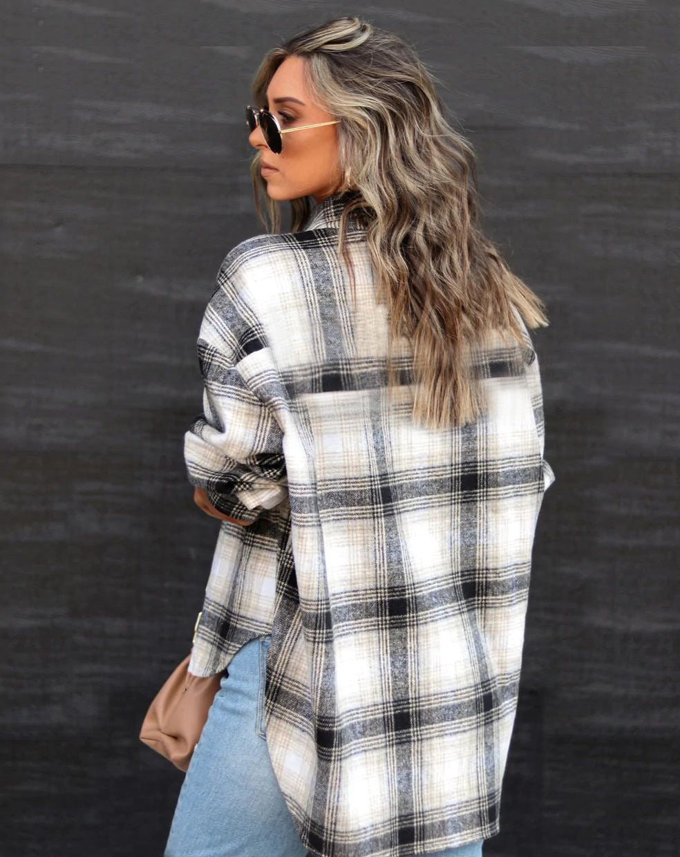 Autumn Winter Long Sleeve Loose Plaid Shirt Woolen Coat for Women