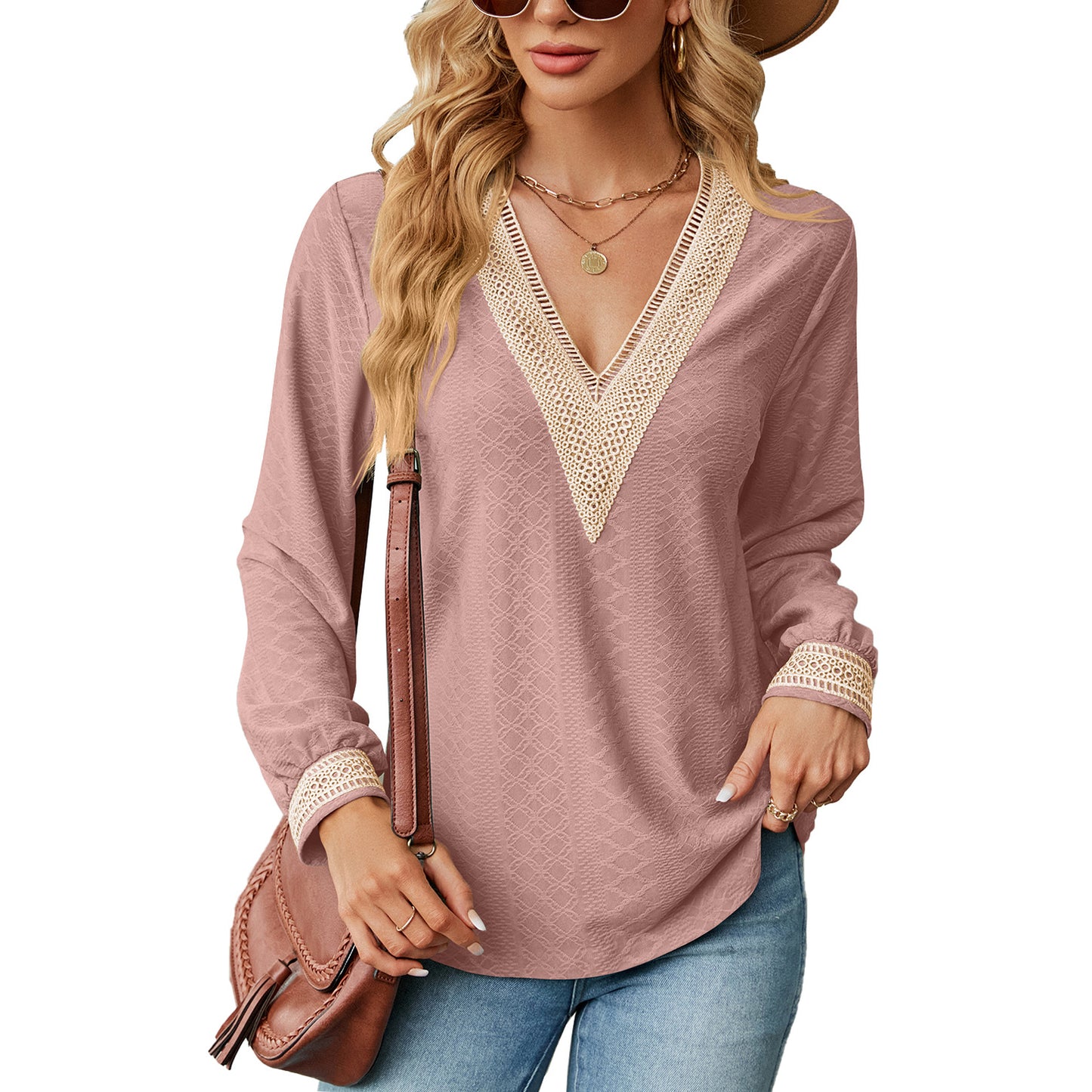 Autumn Winter Lace V-neck Patchwork Loose Long-Sleeved T-shirt Top Women Clothing
