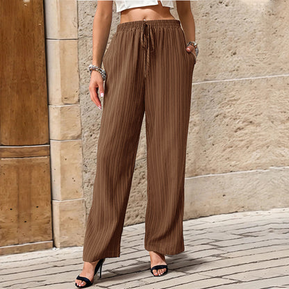 Summer Women Solid Color Pleated Straight Casual Pants