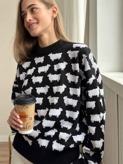 Round Neck Lamb Sweater Autumn Women Loose Casual Mid Length Round Neck Lamb Sweater