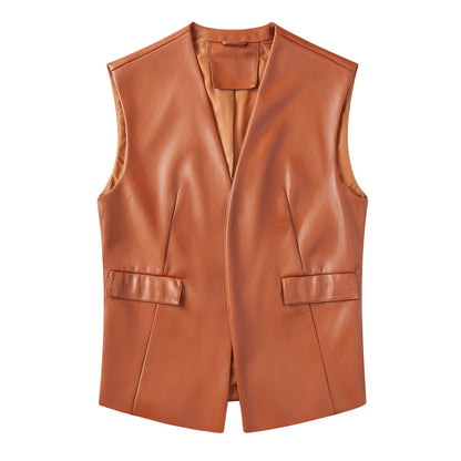 Sleeveless Faux Leather Vest Loose Plus Size Women Vest Cardigan Short Coat Women