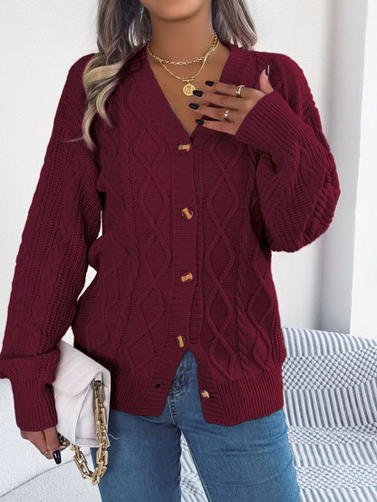 Autumn Winter Casual V Neck Lantern Sleeve Twist Button Knitted Cardigan Sweater Coat Women Clothing