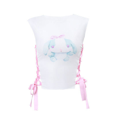 Spring Women Round Neck Pullover Cute Rabbit Printed Side Hollow Out Cutout Cross Knotted Short Vest