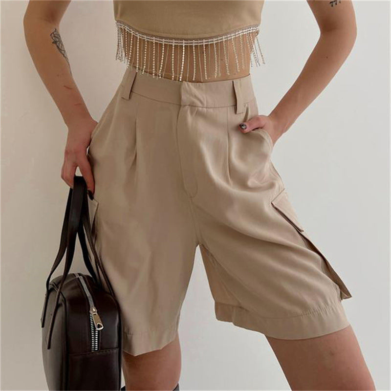 Women Summer Bellows Pocket Shorts Women Straight Loose Casual A  line Shorts