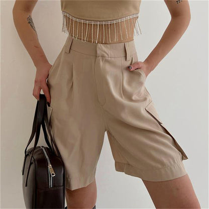 Women Summer Bellows Pocket Shorts Women Straight Loose Casual A  line Shorts