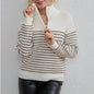 Autumn Winter Women Clothing Turtleneck Striped Color Matching Long Sleeve Zipper Pullover Knitted Sweater Women