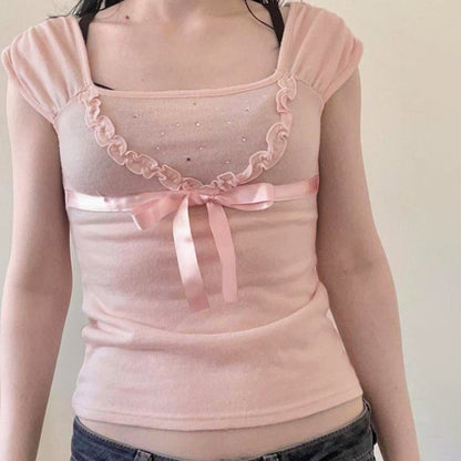 Pink Girly Lace Bow Stitching Rhinestone Element Slim U Neck Flying Sleeves T-shirt Top