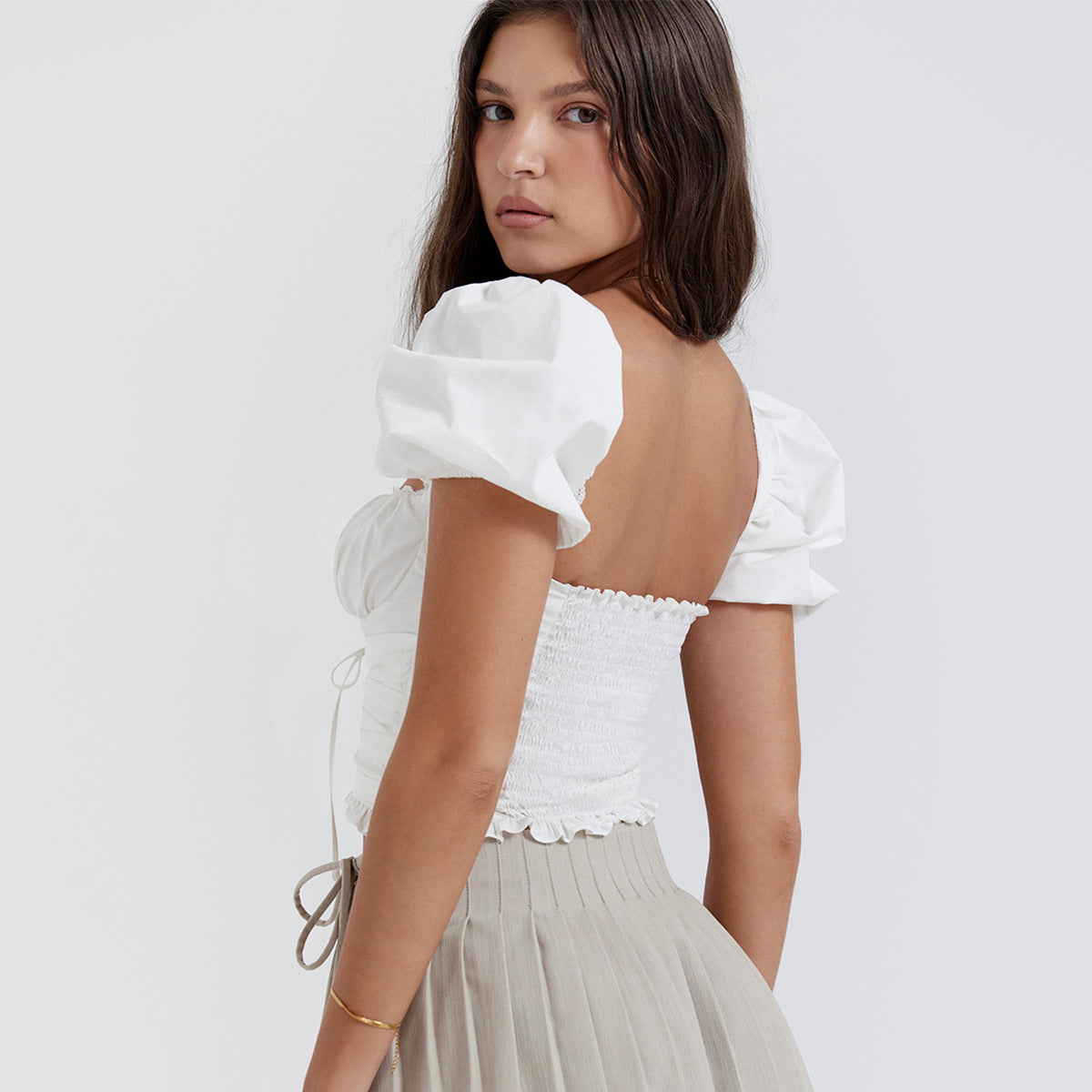 Women Wear Sexy Square Neck Puff Sleeve White Short Cropped Top Waist Backless Short Sleeve Women