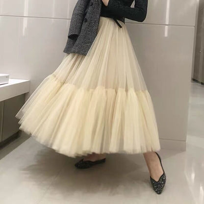 Women Clothing Long Floor Length Dress Oversized Swing Mesh Skirt Patchwork Maxi Dress A line High Waist Pettiskirt