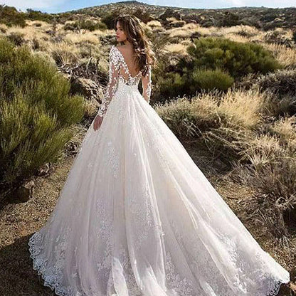 Women Clothing Dress Long Sleeve Solid Color See through Lace Bridal Wedding Dress