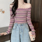 Wooden Ear Knitted Sweet Striped Off Shoulder Long Sleeve Top