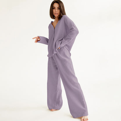 Summer Double Layer Crepe V-neck French Loose Comfortable Long Sleeve Pajamas Women  Cotton Linen Homewear Set