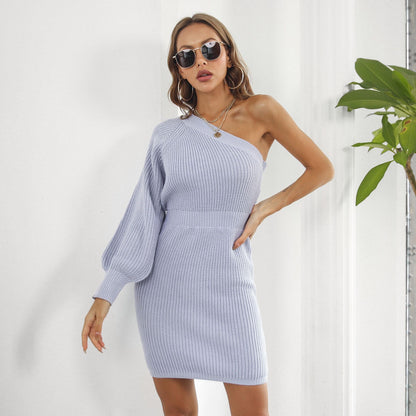 Women Woolen  Hip-Wrapped Dress High Waist Knit Long Sleeved Waist Tight One Shoulder Dress Autumn Winter Women  Clothing