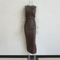 Autumn Dress Solid Color Mid Waist Irregular Asymmetric Retro Brown Office Chest Wrapped Sleeveless Faux Leather Dress