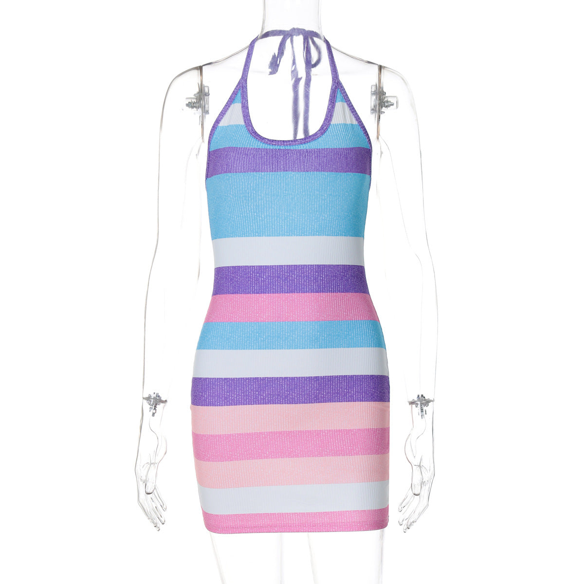 Women Clothing Summer Stripes Printed Sexy Halter Backless Dress