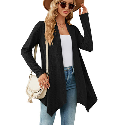 Women Clothing Autumn Winter Solid Color Loose Long Sleeves Cardigan Coat Women