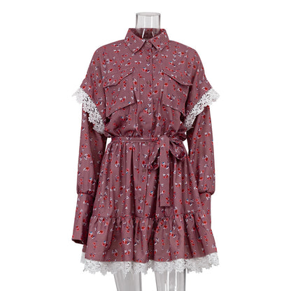 Women  Clothing Autumn Floral Stitching Dress Polo Collar Long Sleeve Lace up A  line Dress
