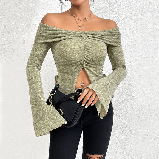 Women Clothing Autumn Winter One Neck Split Flare Sleeve Long Sleeved Knitted T shirt Sexy Top