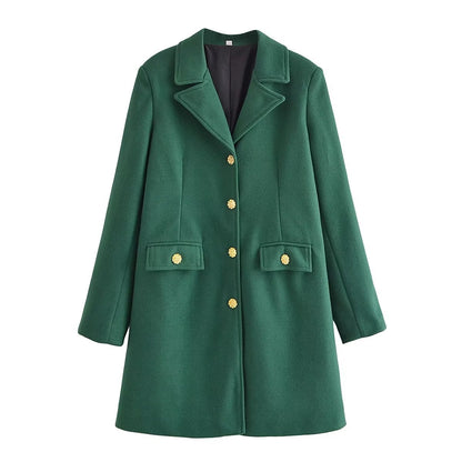 Autumn Women Dark Green Woolen Coat