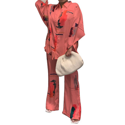 Ladies Homewear Two Piece Long Sleeve Pajamas Wide Leg Pants Printed