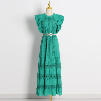 Elegant Lady Embroidered Dress Spring Round Neck Ruffled Sleeveless Maxi Dress With Belt