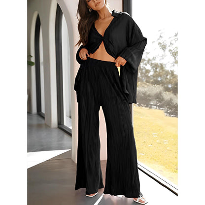 Spring Summer Women Solid Color Pleated Single Breasted Top High Waist Wide Leg Bell Bottoms Homewear Suit