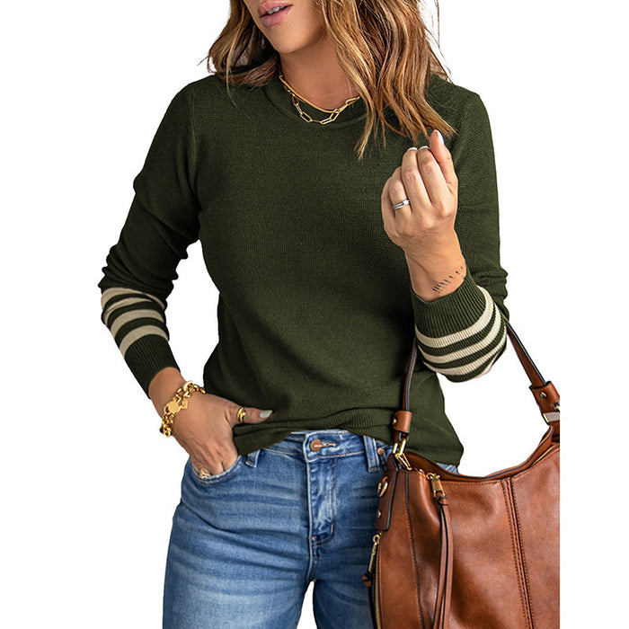Green Striped Sleeve Plain Knitted Sweater Autumn Winter Pullover Sweater