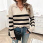 Autumn Winter Women Casual Loose Contrast Color Lapels Sweater Top