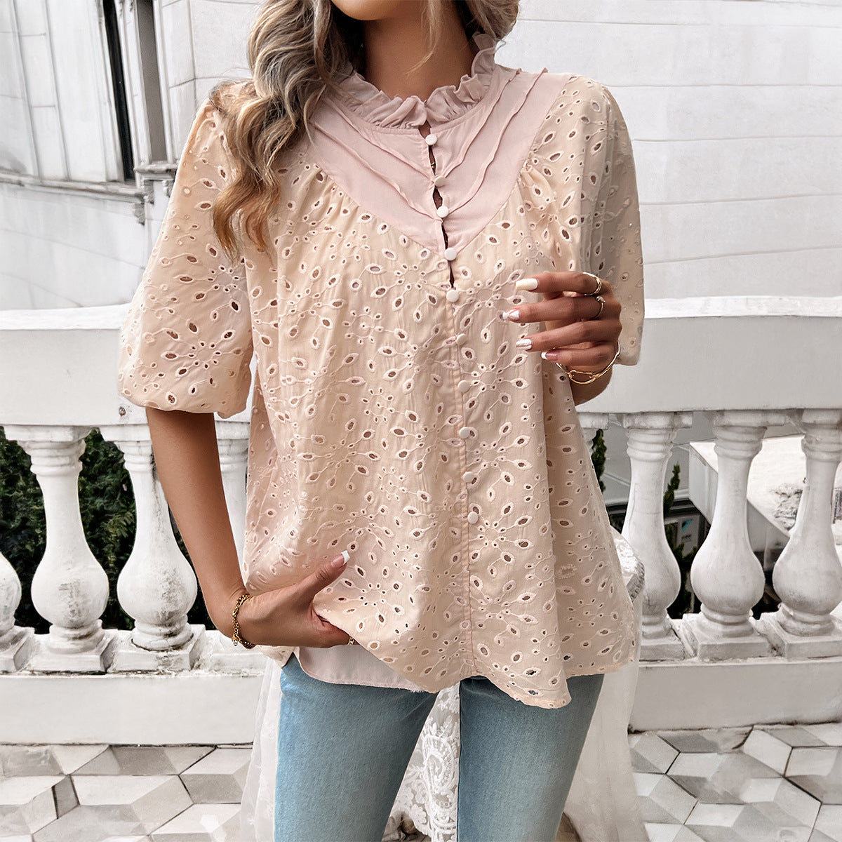 Women Clothing Spring Summer Graceful Puff Sleeve Embroidered Shirt