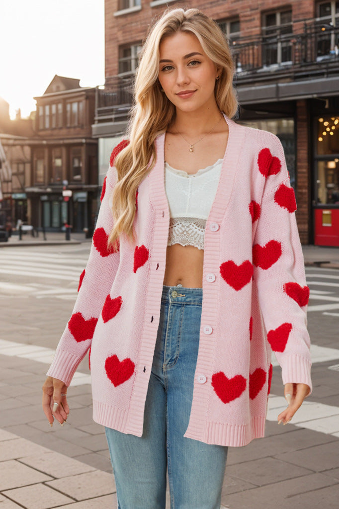 Valentine Day Heart Knitted Cardigan V neck Buttons Mid Length Coat for Women