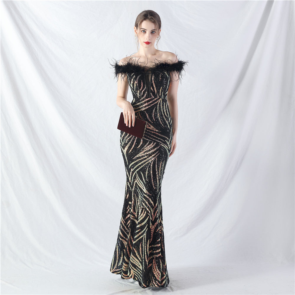 Court Boning Corset Waist Tight Vest Craft Order Ostrich Feather High End Sequined Evening Dress