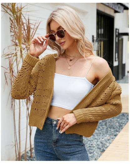 Short Autumn Winter Top Long Sleeves Outer Match Knitwear Wild Solid Color Hollow Out Cutout out Sweater Cardigan