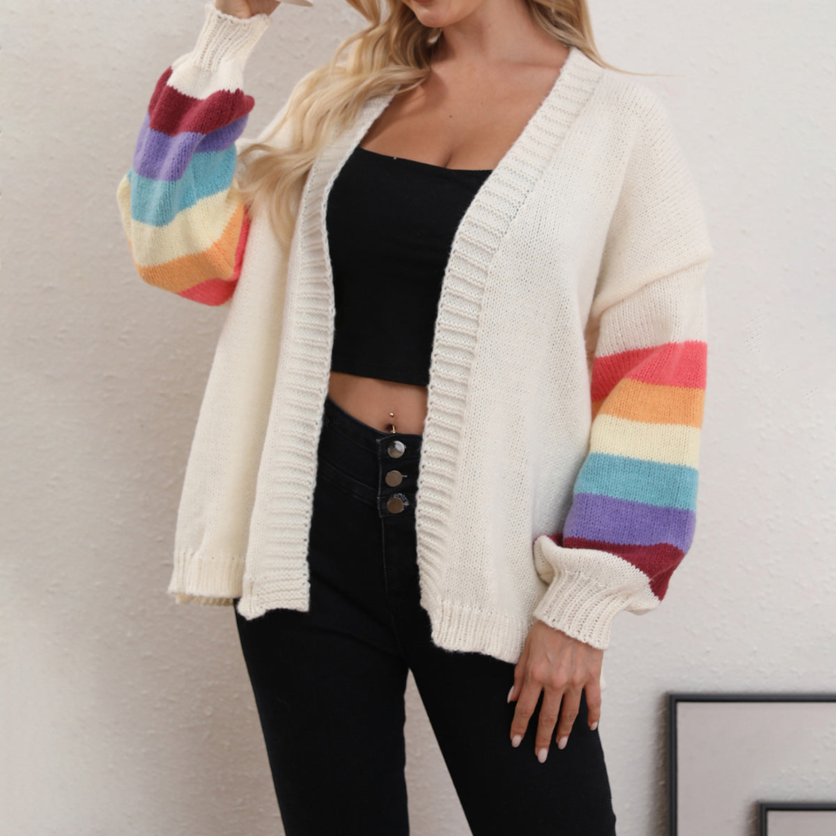 Women Wear Autumn Winter Solid Color Rainbow Stitching Loose Sweater Cardigan Knit Casual Coat Women Top