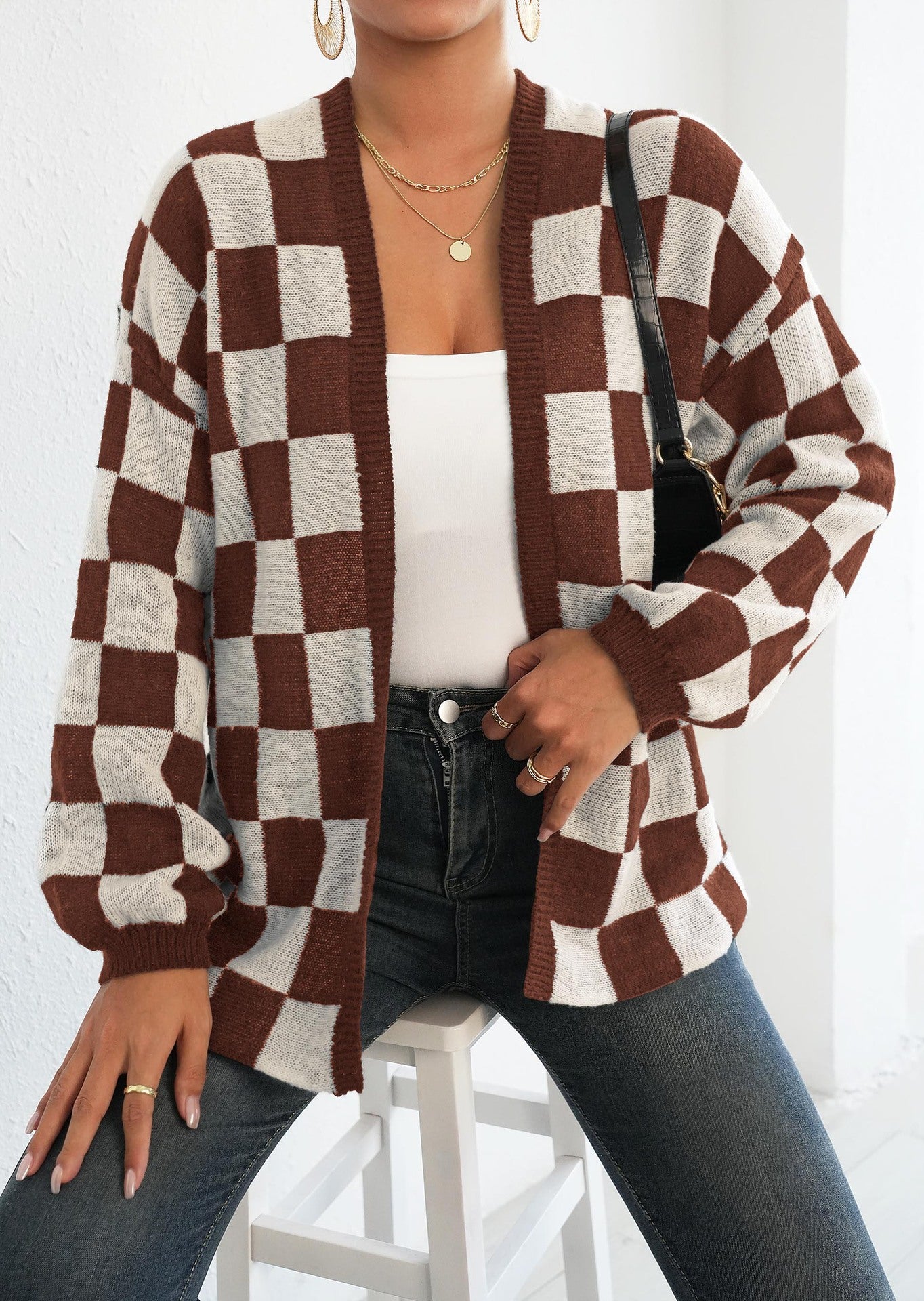 Women Woolen Cardigan Women Clothing Color Contrast Patchwork Chessboard Plaid Loose Casual Sweater Coat