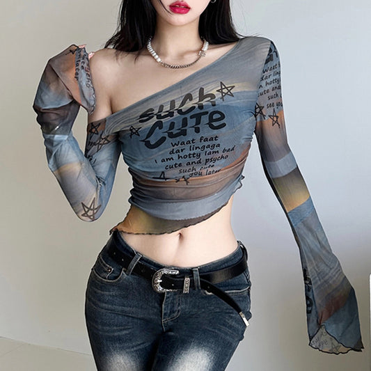 Sexy Mesh See through Letter Graphic Print Contrast Color off Shoulder Short Sleeved T shirt Top