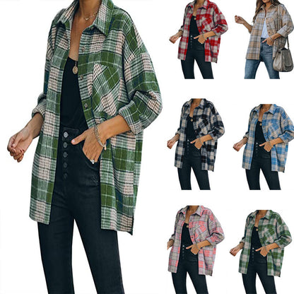 Plaid Shirt Women Mid-Length Long Sleeve Women Coat Plaid Shirt Top