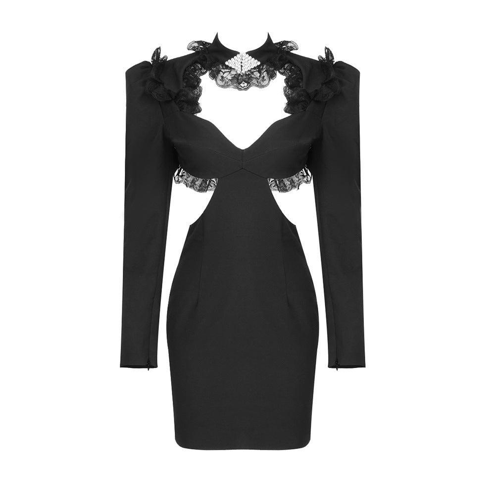 Spring Summer Black Long Sleeve V-neck Cutout Suit Fabric Stretch Slim Fit Padded Shoulder Dress Stitching Women Clothing