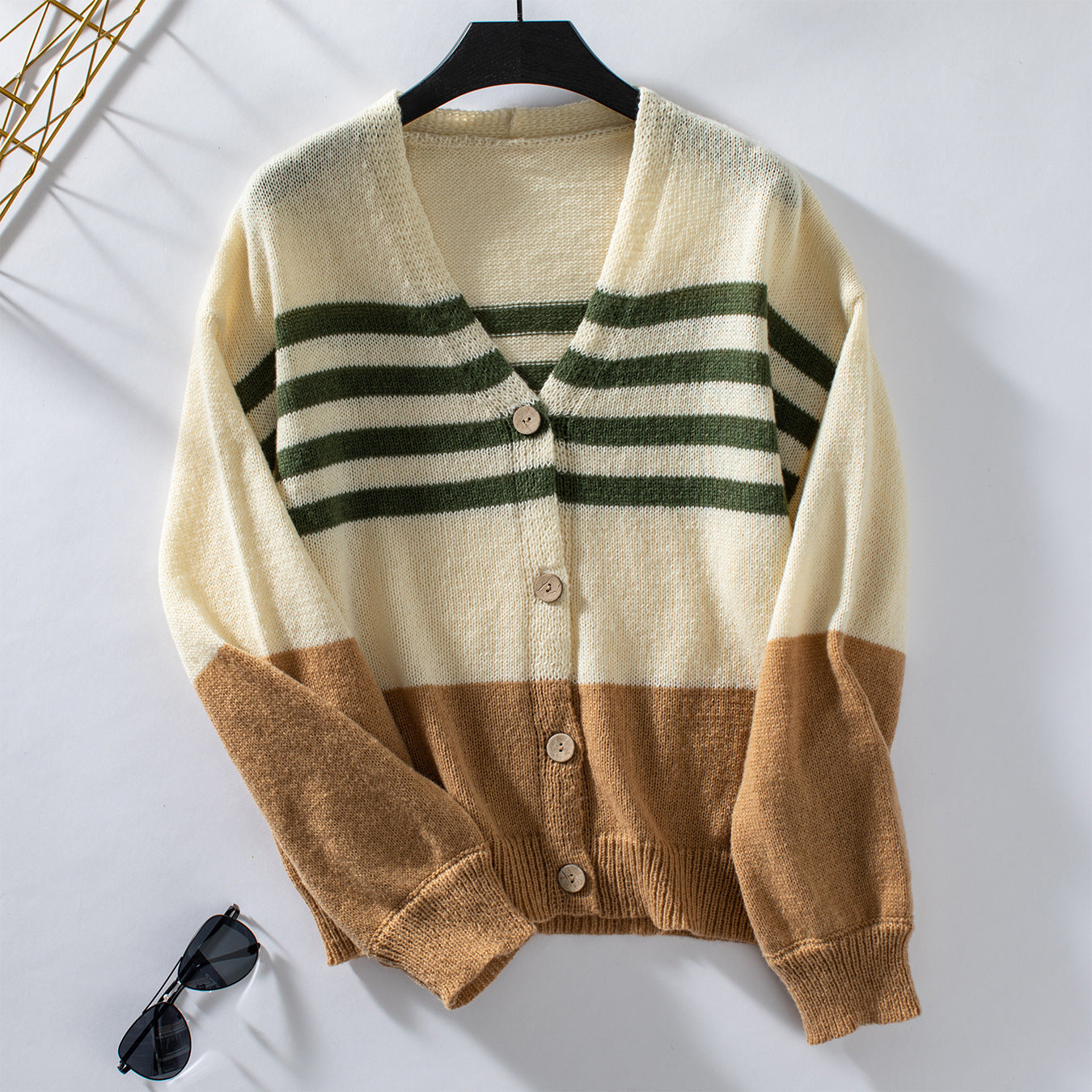 Autumn Winter Women Clothing Contrast Color Striped Button Knitted Cardigan Casual Loose Sweater Women Coat