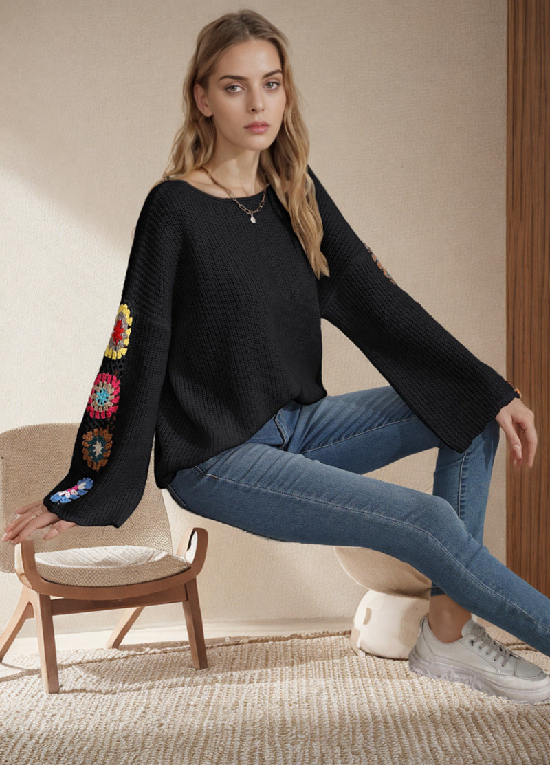 Autumn Winter Women Clothing off Shoulder Sexy Knitted Arm Crochet Embroidered Pullover Sweater