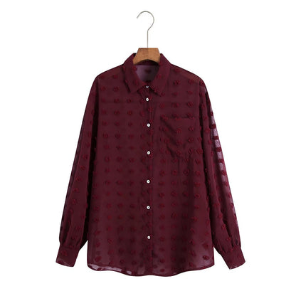Women Clothing Polo Collar Solid Color Polka Dot Embroidered Long-Sleeved Shirt Top