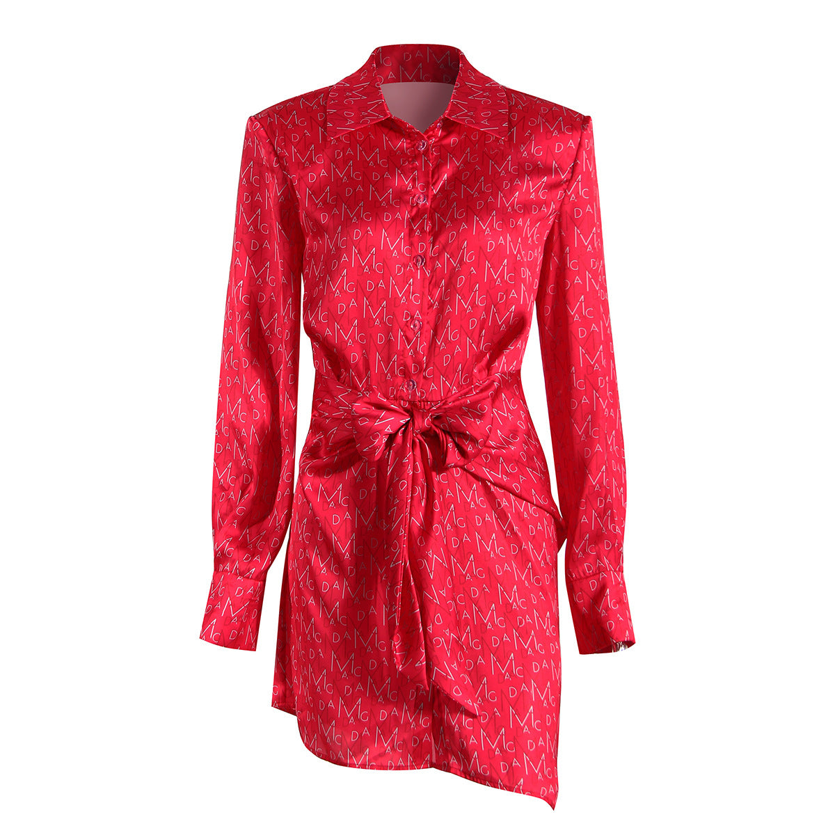 Red Letter Graphic Print Summer Satin Shirt Dress  Women Cinched Short Dress
