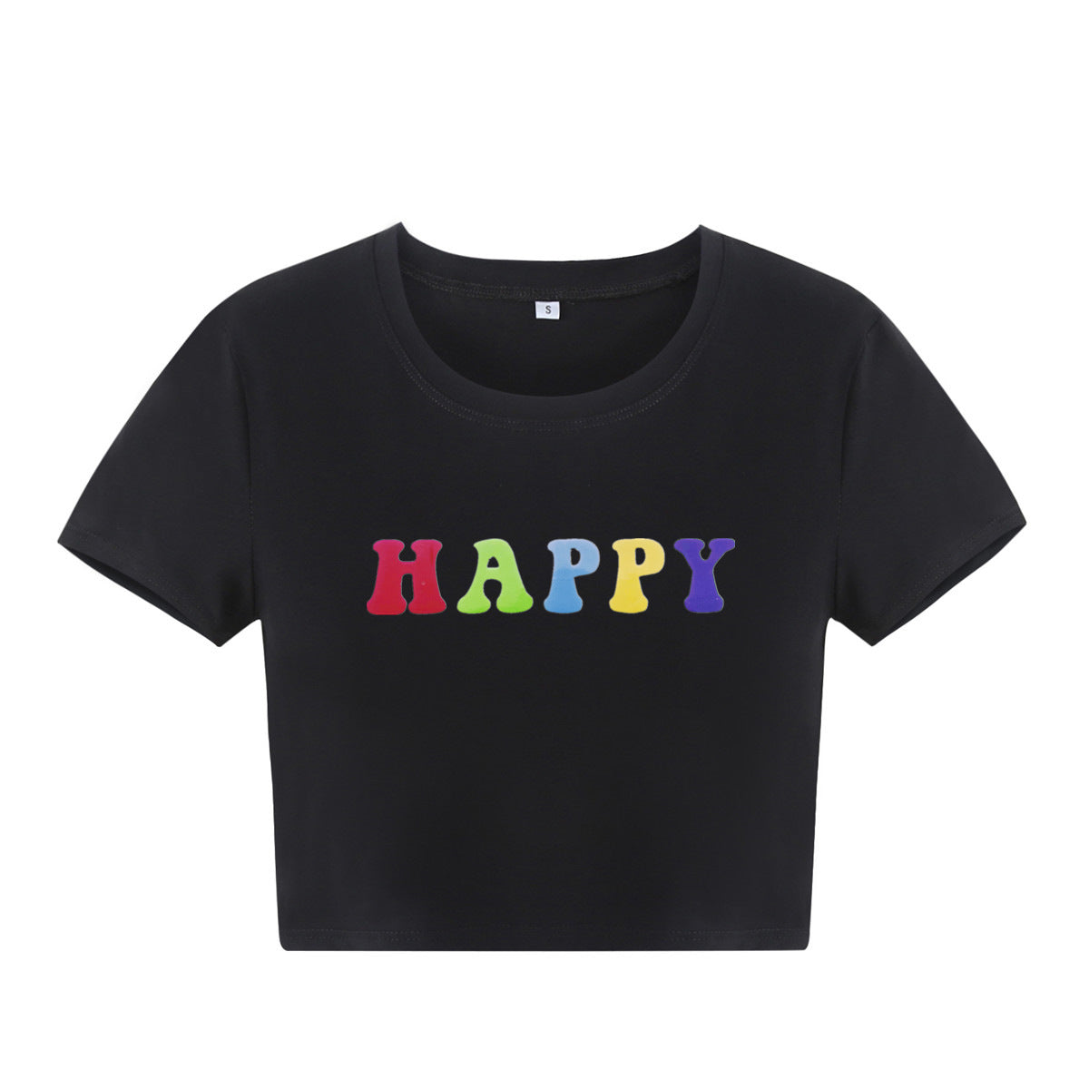 Women Clothing New Happy Letter Graphic Printed Short Slim Fit Short Sleeved T shirt