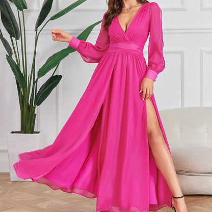 Solid Color Low Cut Sexy Slimming Youthful Looking Retro Party Cocktail Large Mop Chiffon Dress